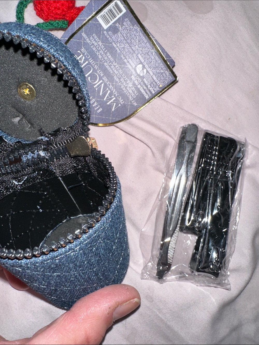 NWT Denim Cherry Key & Card Holder - Blue with Red cherry 4 pc manicure set - Picture 4 of 8